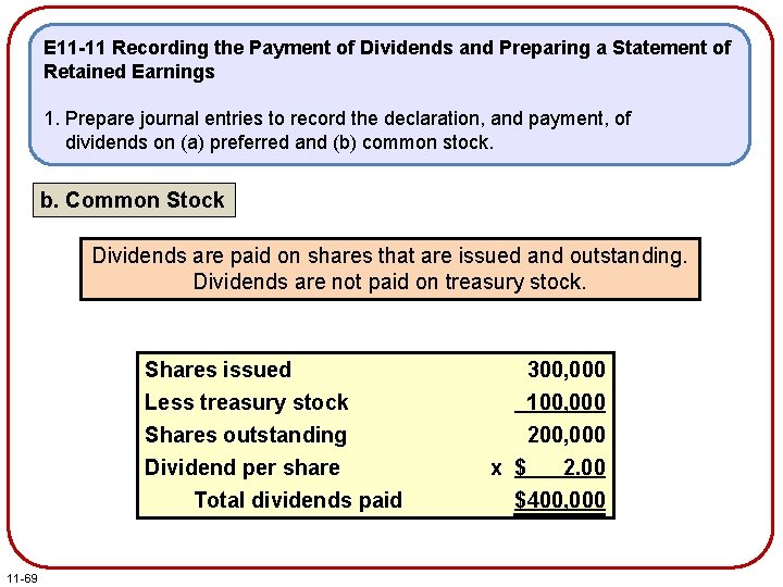 E 11 -11 Recording the Payment of Dividends and Preparing a Statement of Retained