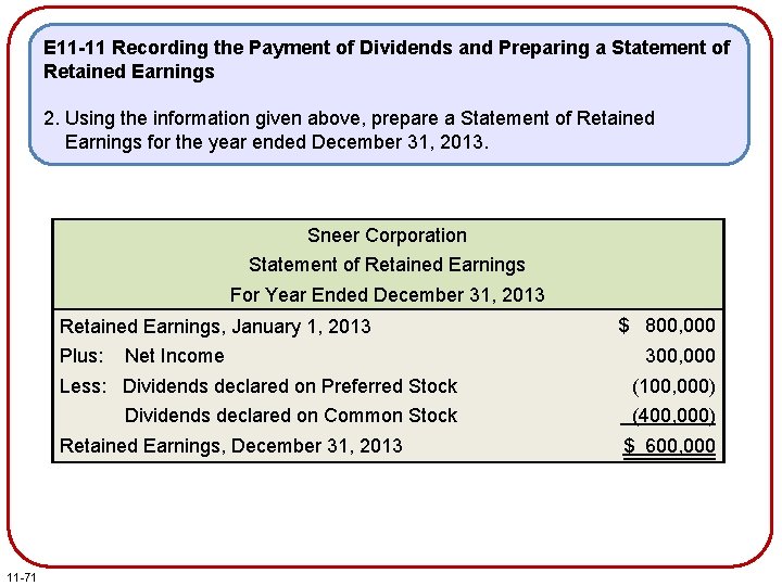 E 11 -11 Recording the Payment of Dividends and Preparing a Statement of Retained