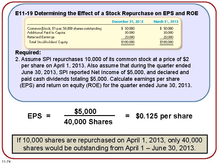 E 11 -19 Determining the Effect of a Stock Repurchase on EPS and ROE