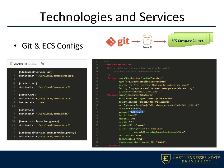 Technologies and Services • Git & ECS Configs ECS Compute Cluster 
