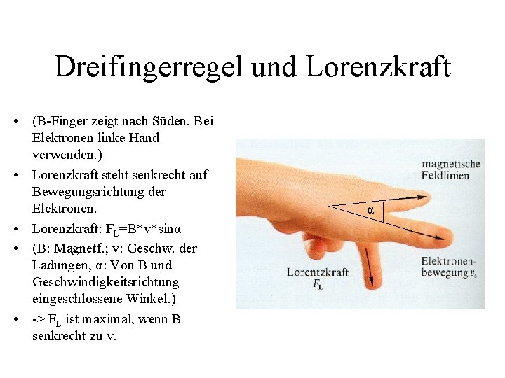 Dreifingerregel und Lorenzkraft • (B-Finger zeigt nach Süden. Bei Elektronen linke Hand verwenden. )