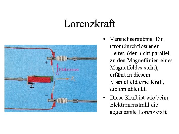 Lorenzkraft • Versuchsergebnis: Ein stromdurchflossener Leiter, (der nicht parallel zu den Magnetlinien eines Magnetfeldes