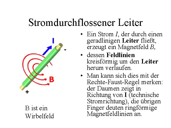 Stromdurchflossener Leiter B ist ein Wirbelfeld • Ein Strom I, der durch einen geradlinigen