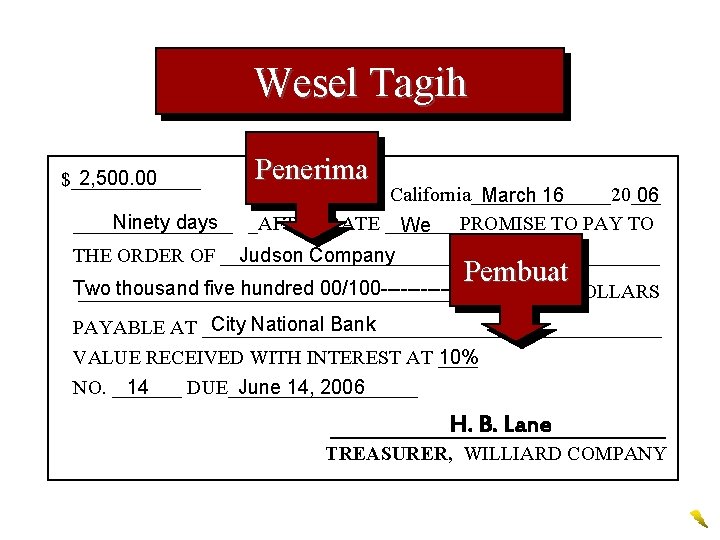 Wesel Tagih 2, 500. 00 $_______ Penerima Fresno, California_______20___ March 16 06 Ninety days