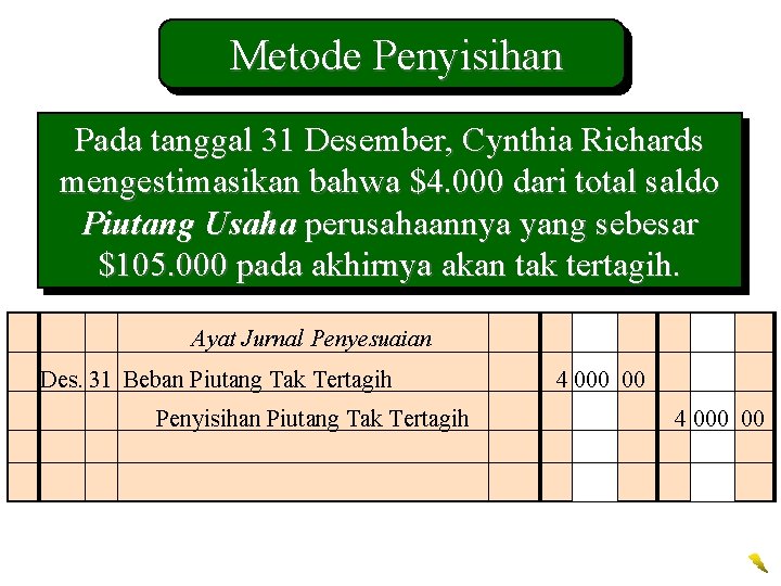 Metode Penyisihan Pada tanggal 31 Desember, Cynthia Richards mengestimasikan bahwa $4. 000 dari total