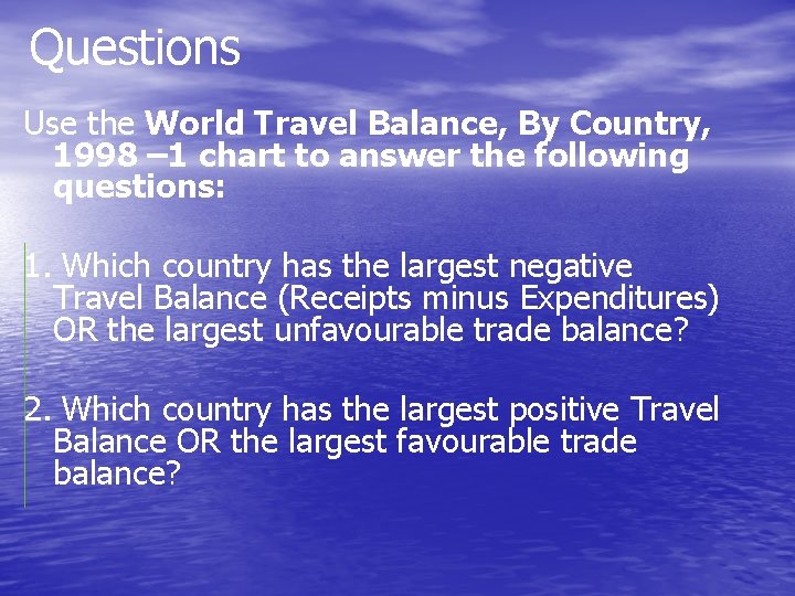 Questions Use the World Travel Balance, By Country, 1998 – 1 chart to answer