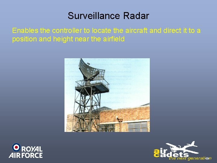 Surveillance Radar Enables the controller to locate the aircraft and direct it to a