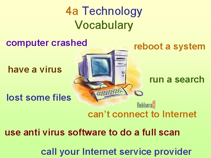 4 a Technology Vocabulary computer crashed have a virus reboot a system run a