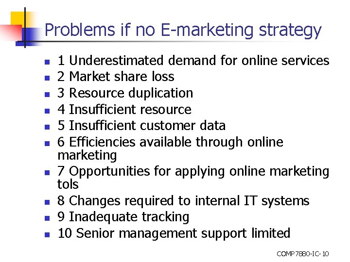 Problems if no E-marketing strategy n n n n n 1 Underestimated demand for