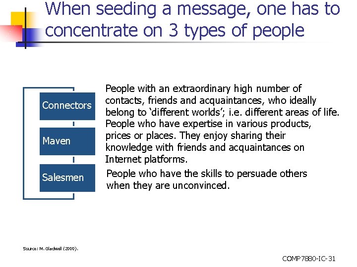 When seeding a message, one has to concentrate on 3 types of people Connectors