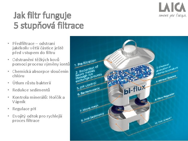 Jak filtr funguje 5 stupňová filtrace • Předfiltrace – odstraní jakékoliv větší částice ještě