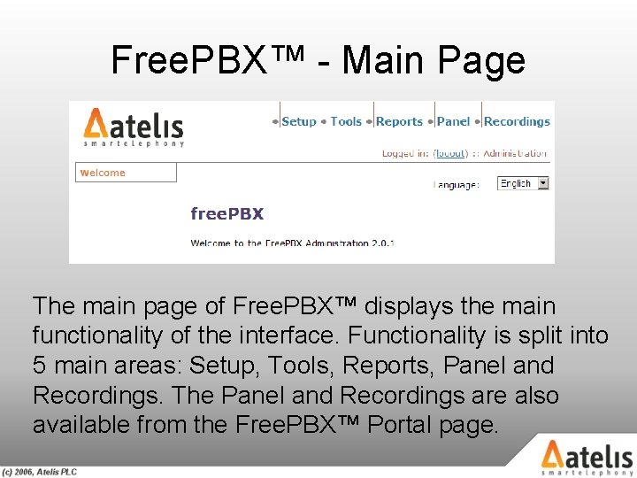 Free. PBX™ - Main Page The main page of Free. PBX™ displays the main