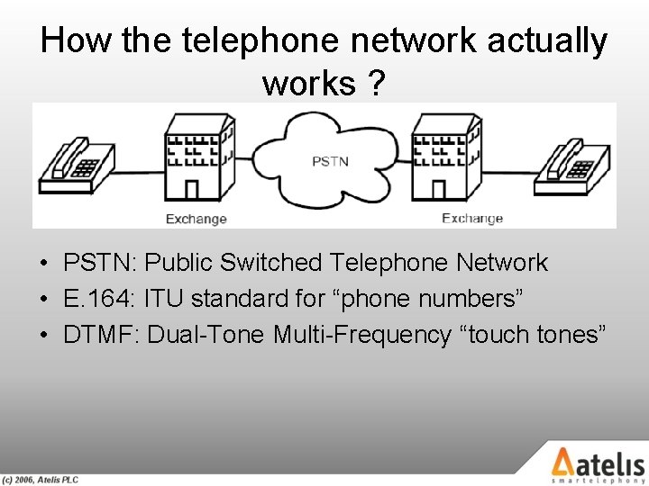 How the telephone network actually works ? • PSTN: Public Switched Telephone Network •