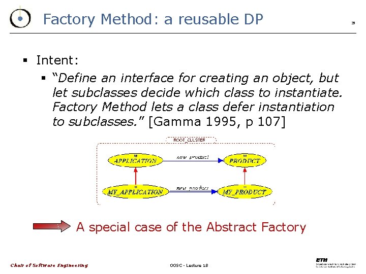 Factory Method: a reusable DP § Intent: § “Define an interface for creating an