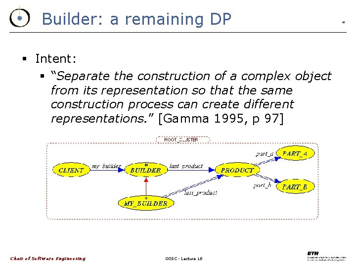 Builder: a remaining DP § Intent: § “Separate the construction of a complex object