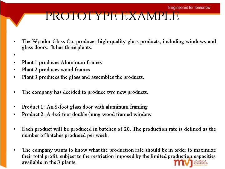 PROTOTYPE EXAMPLE • • • The Wyndor Glass Co. produces high-quality glass products, including