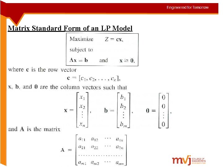 Matrix Standard Form of an LP Model 