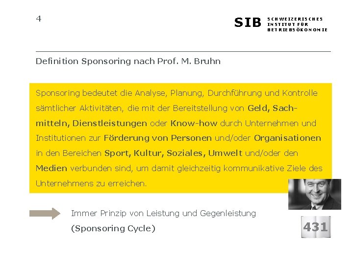 4 SIB SCHWEIZERISCHES INSTITUT FÜR BETRIEBSÖKONOMIE Definition Sponsoring nach Prof. M. Bruhn Sponsoring bedeutet