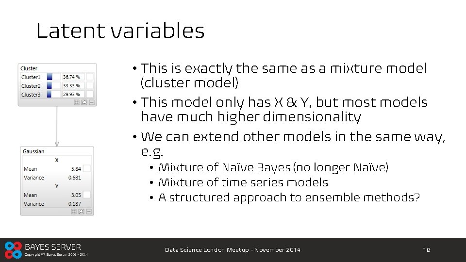 Latent variables • This is exactly the same as a mixture model (cluster model)