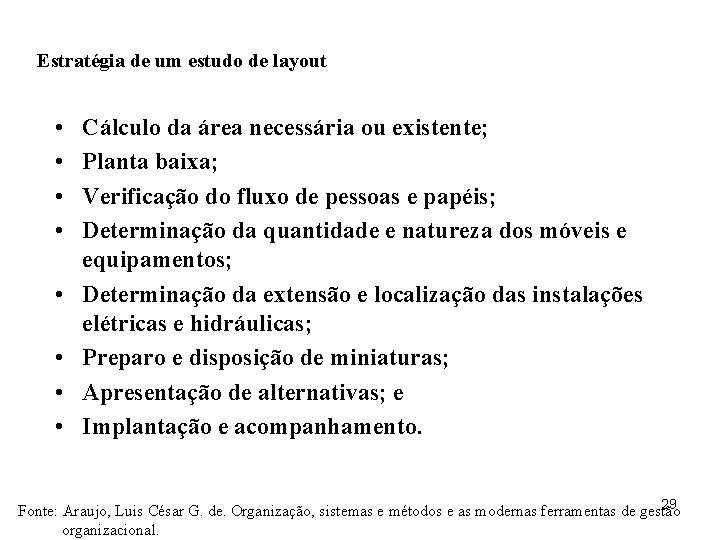 Estratégia de um estudo de layout • • Cálculo da área necessária ou existente;