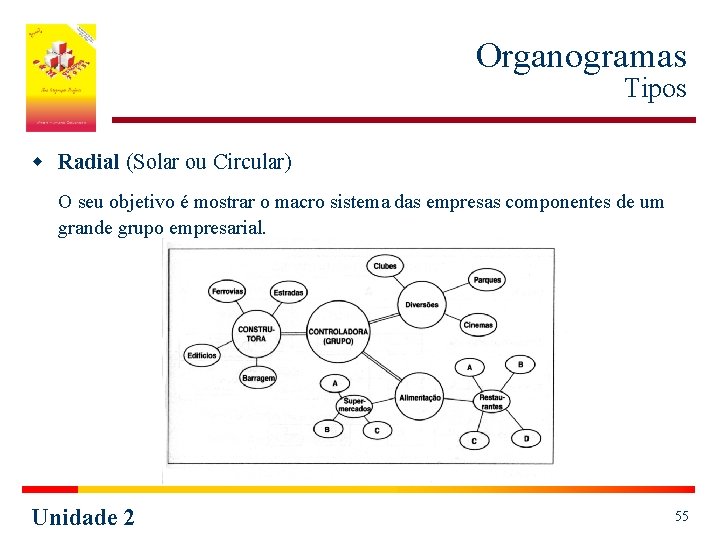 Organogramas Tipos w Radial (Solar ou Circular) O seu objetivo é mostrar o macro