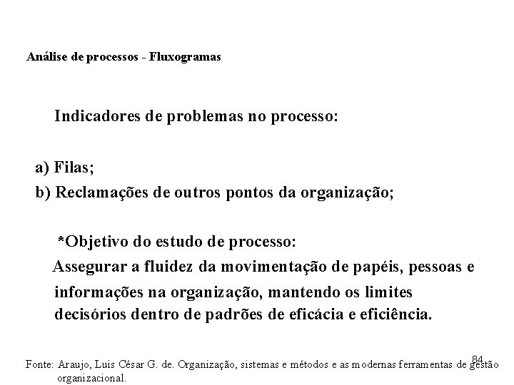 Análise de processos - Fluxogramas Indicadores de problemas no processo: a) Filas; b) Reclamações