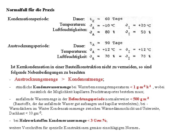 Normalfall für die Praxis Kondensationsperiode: Dauer: Temperaturen: Luftfeuchtigkeiten: Austrocknungsperiode: Dauer: Temperaturen: Luftfeuchtigkeit: Ist Kernkondensation