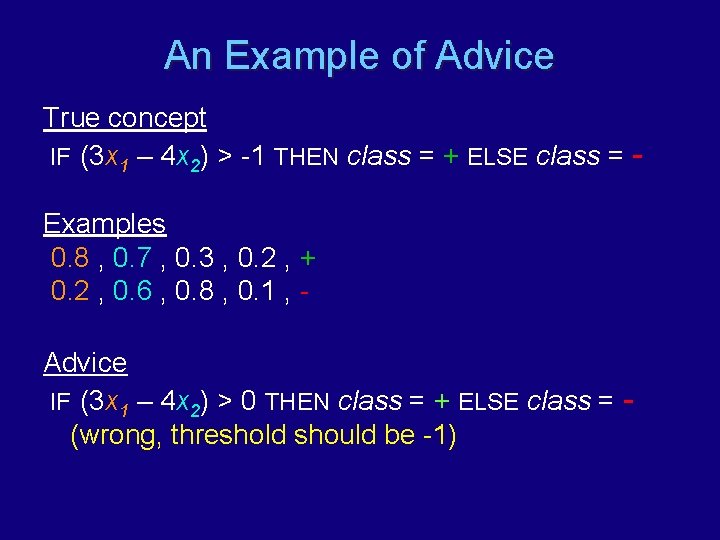 An Example of Advice True concept IF (3 x 1 – 4 x 2)