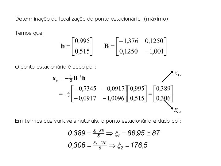 Determinação da localização do ponto estacionário (máximo). Temos que: O ponto estacionário é dado