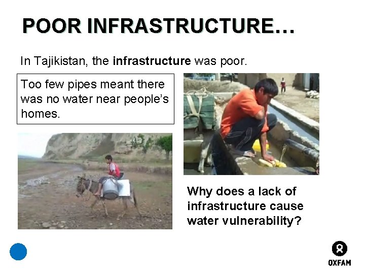 POOR INFRASTRUCTURE… In Tajikistan, the infrastructure was poor. Too few pipes meant there was