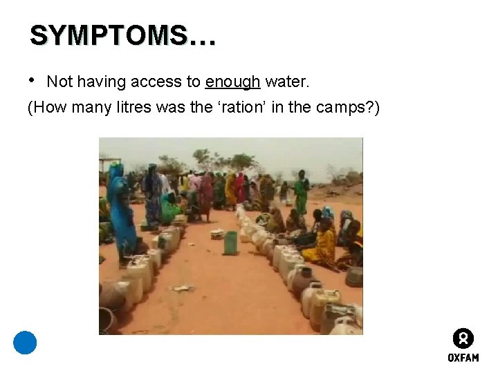 SYMPTOMS… • Not having access to enough water. (How many litres was the ‘ration’