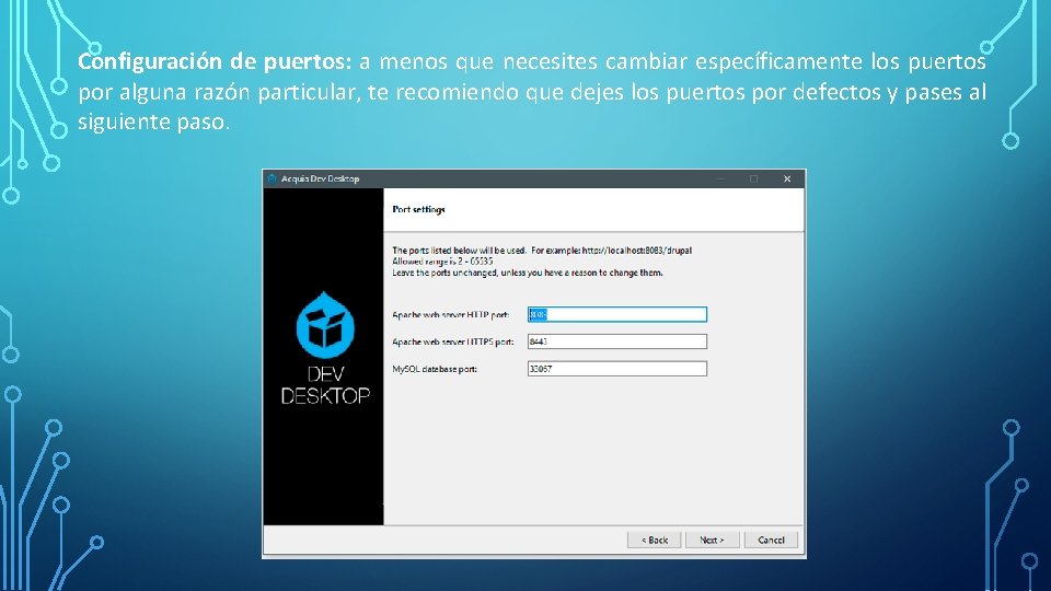 Configuración de puertos: a menos que necesites cambiar específicamente los puertos por alguna razón