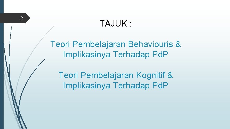 2 TAJUK : Teori Pembelajaran Behaviouris & Implikasinya Terhadap Pd. P Teori Pembelajaran Kognitif