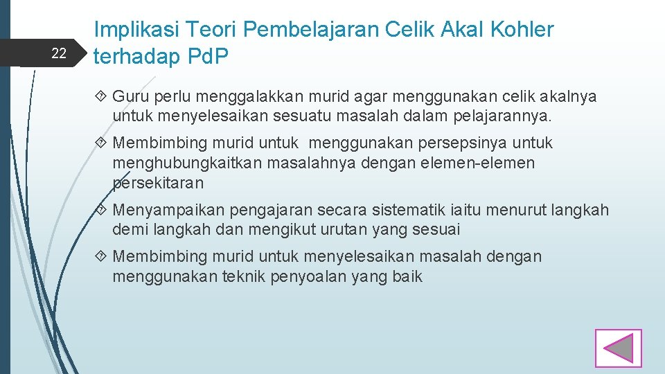 22 Implikasi Teori Pembelajaran Celik Akal Kohler terhadap Pd. P Guru perlu menggalakkan murid