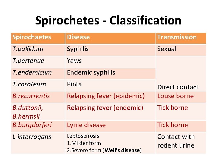 Spirochetes - Classification Spirochaetes Disease Transmission T. pallidum Syphilis Sexual T. pertenue Yaws T.