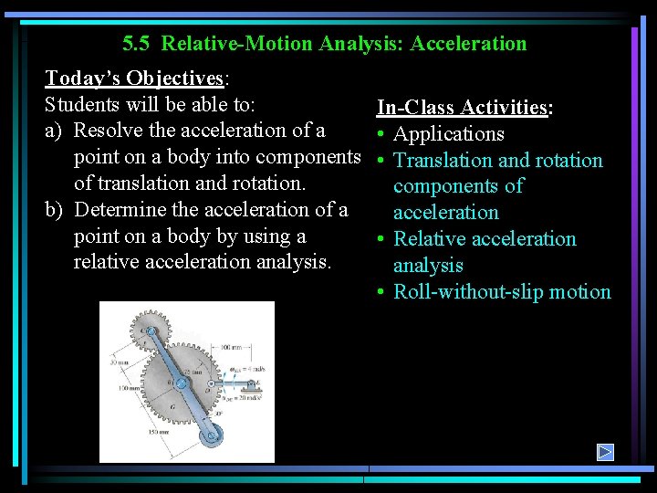 5. 5 Relative-Motion Analysis: Acceleration Today’s Objectives: Students will be able to: a) Resolve