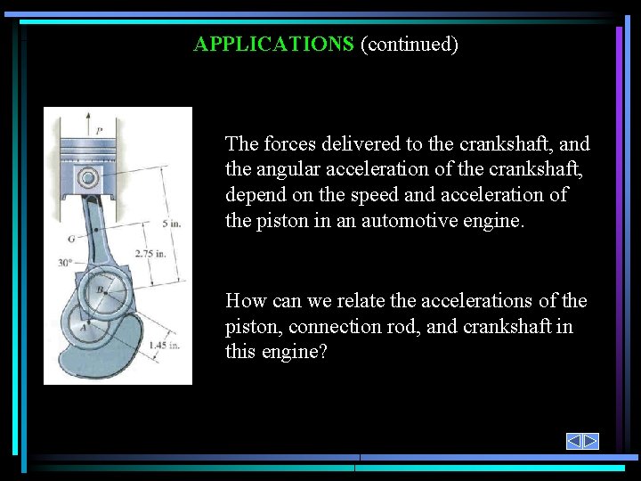 APPLICATIONS (continued) The forces delivered to the crankshaft, and the angular acceleration of the