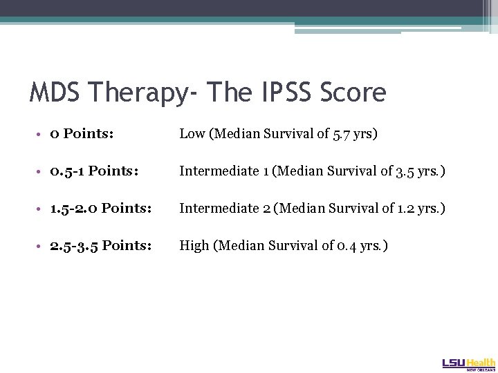 MDS Therapy- The IPSS Score • 0 Points: Low (Median Survival of 5. 7