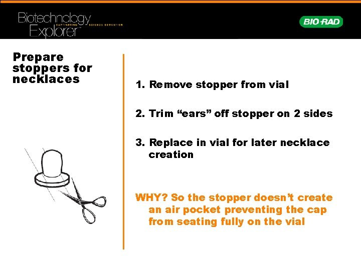 Prepare stoppers for necklaces 1. Remove stopper from vial 2. Trim “ears” off stopper
