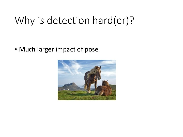 Why is detection hard(er)? • Much larger impact of pose 