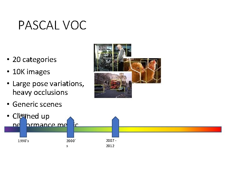 PASCAL VOC • 20 categories • 10 K images • Large pose variations, heavy