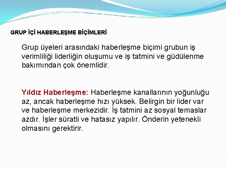 GRUP İÇİ HABERLEŞME BİÇİMLERİ Grup üyeleri arasındaki haberleşme biçimi grubun iş verimliliği liderliğin oluşumu