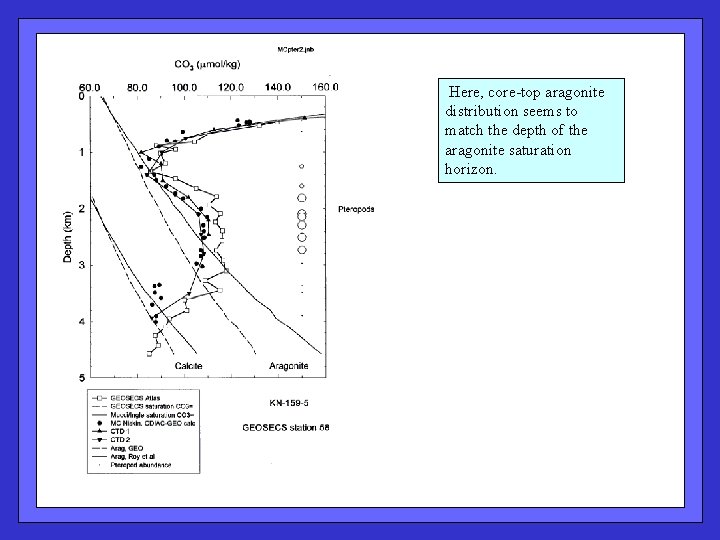  Here, core-top aragonite distribution seems to match the depth of the aragonite saturation