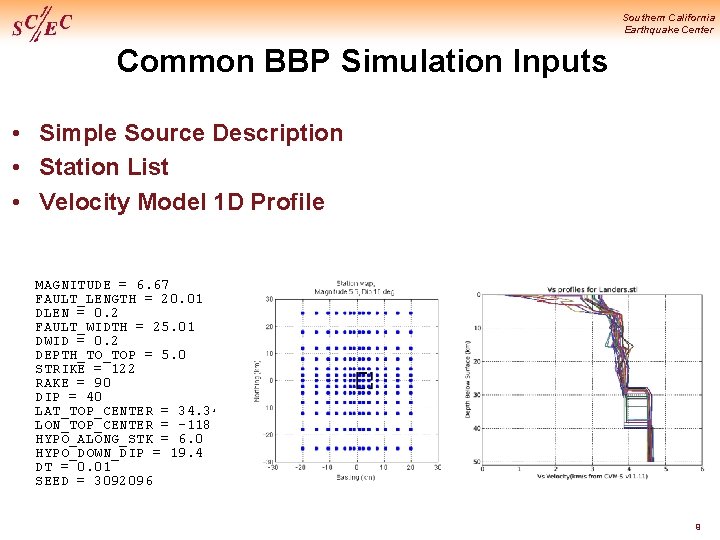 Southern California Earthquake Center Common BBP Simulation Inputs • Simple Source Description • Station