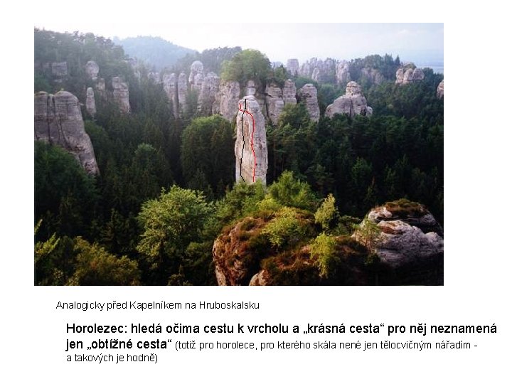 Analogicky před Kapelníkem na Hruboskalsku Horolezec: hledá očima cestu k vrcholu a „krásná cesta“
