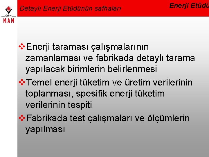 Detaylı Enerji Etüdünün safhaları Enerji Etüdü v. Enerji taraması çalışmalarının zamanlaması ve fabrikada detaylı