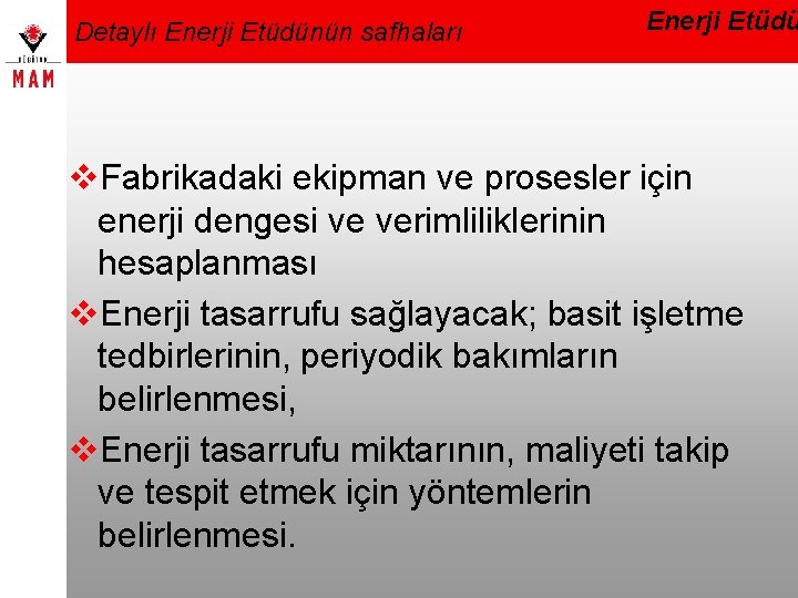 Detaylı Enerji Etüdünün safhaları Enerji Etüdü v. Fabrikadaki ekipman ve prosesler için enerji dengesi