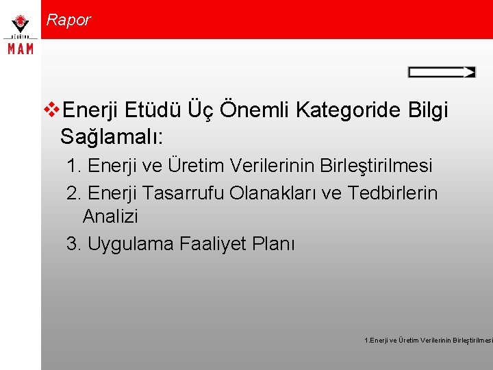 Rapor v. Enerji Etüdü Üç Önemli Kategoride Bilgi Sağlamalı: 1. Enerji ve Üretim Verilerinin