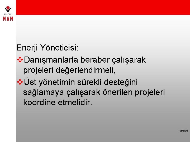 Enerji Yöneticisi: v. Danışmanlarla beraber çalışarak projeleri değerlendirmeli, vÜst yönetimin sürekli desteğini sağlamaya çalışarak