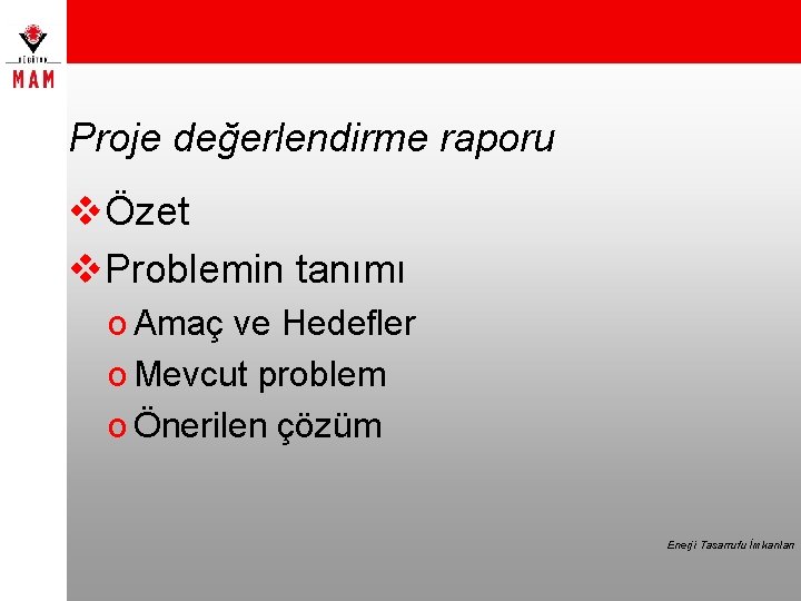 Proje değerlendirme raporu vÖzet v. Problemin tanımı o Amaç ve Hedefler o Mevcut problem